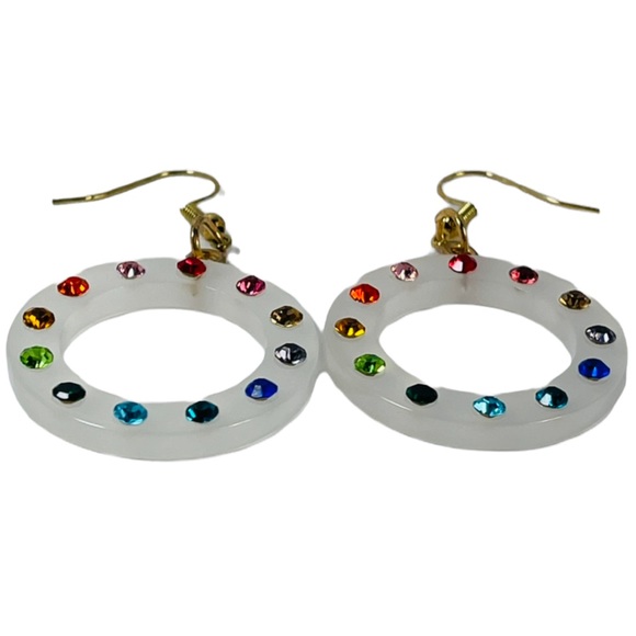 Rainbow Round translucent resin hoops with rhinestones earrings NEW - Picture 3 of 7